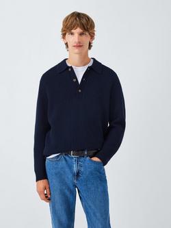 John Lewis Merino Wool Blend Rib Knit Polo Collar Jumper, Navy