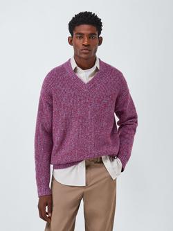 John Lewis Merino Wool Blend Rib Knit V-Neck Jumper, Berry Twist