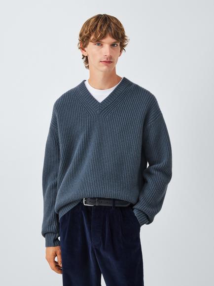 John Lewis Merino Wool Blend Rib Knit V-Neck Jumper, Blue Slate