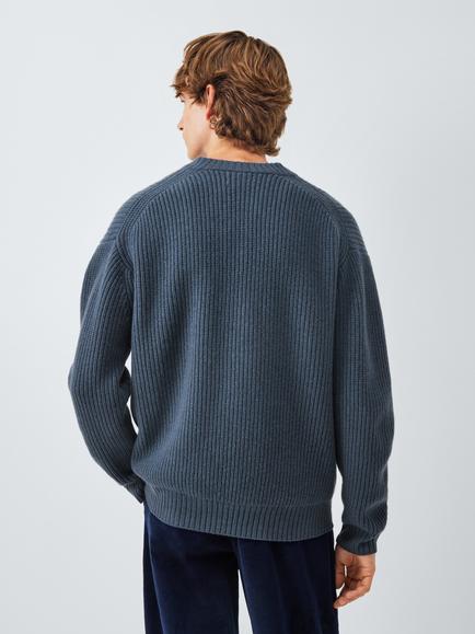 John Lewis Merino Wool Blend Rib Knit V-Neck Jumper - view 2, Blue Slate