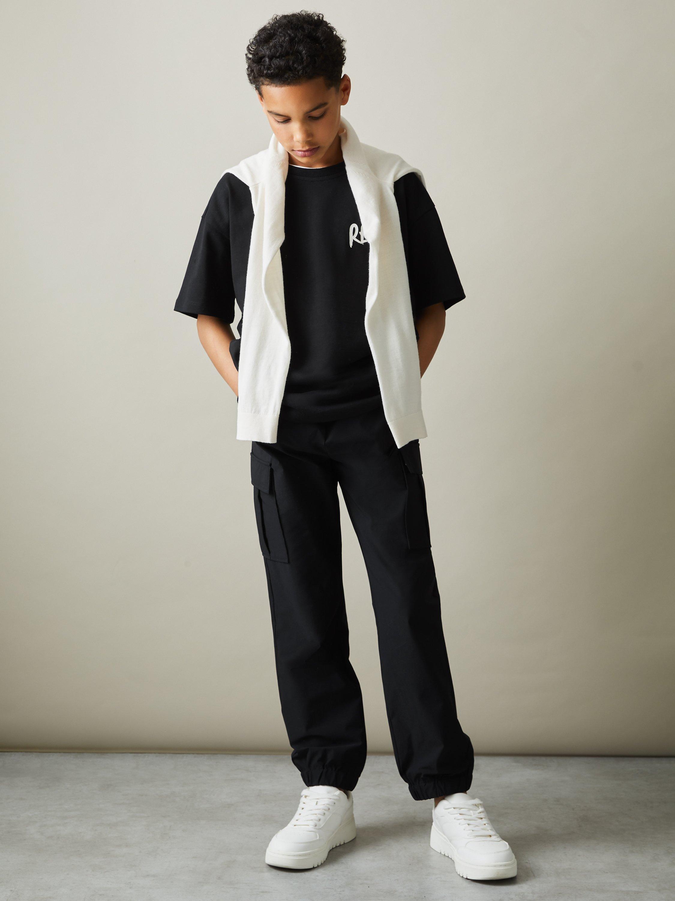 Product image 2 of 4, which shows Reiss Kids' Lucian Cargo Pocket Joggers, Black, 3-4 years