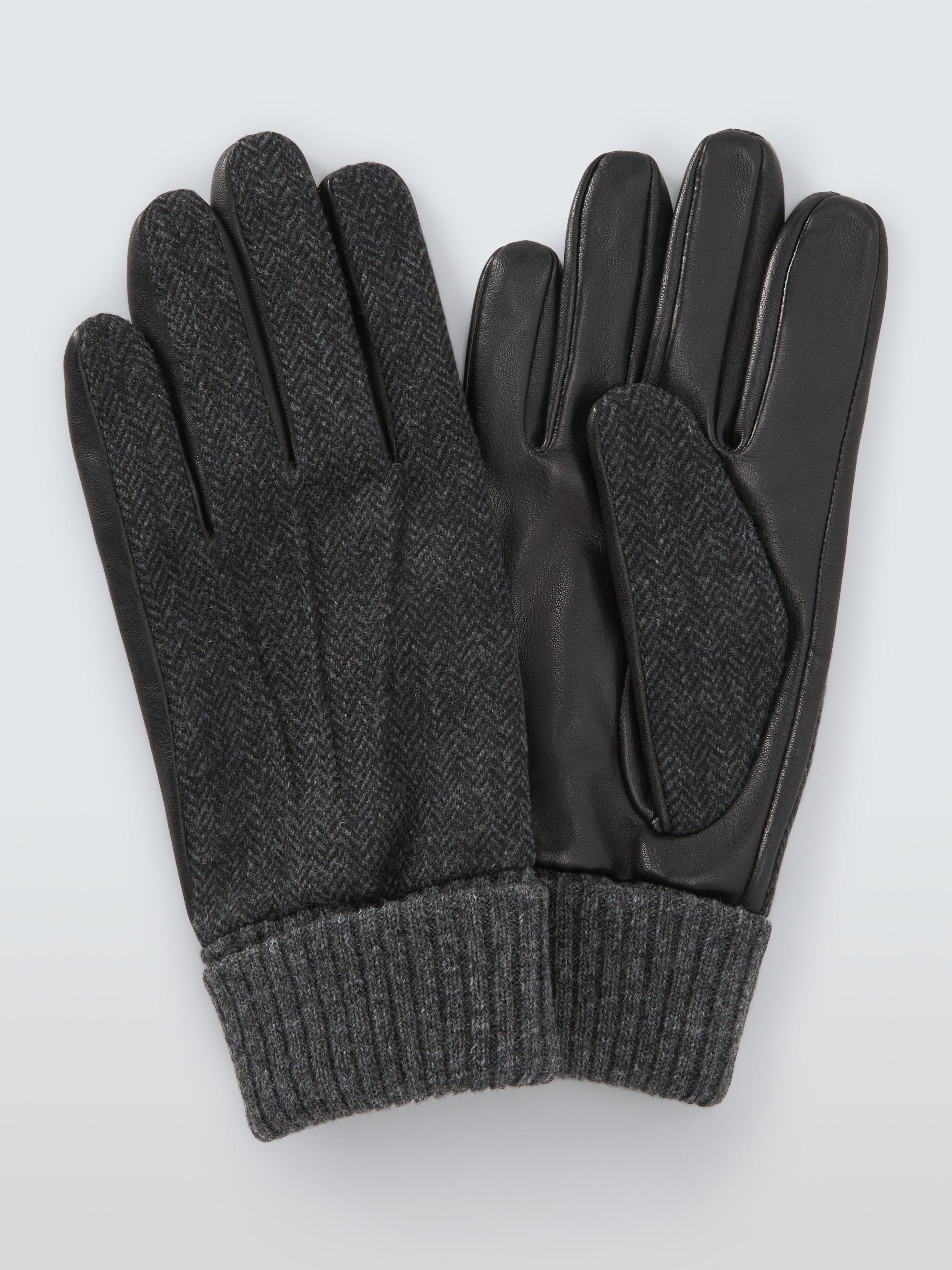 Product image 1 of 2, which shows John Lewis Leather & Herringbone Wool Gloves, Grey, S