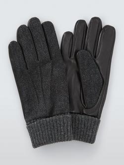 John Lewis Leather & Herringbone Wool Gloves, Grey, Grey
