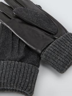 John Lewis Leather & Herringbone Wool Gloves, Grey - view 2, Grey