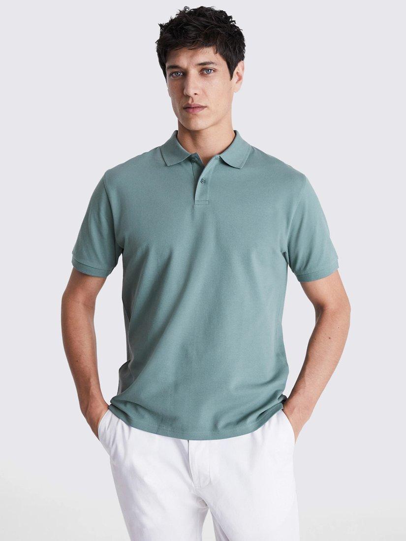 Product image 1 of 4, which shows Moss Pique Short Sleeve Polo Shirt, Teal, S
