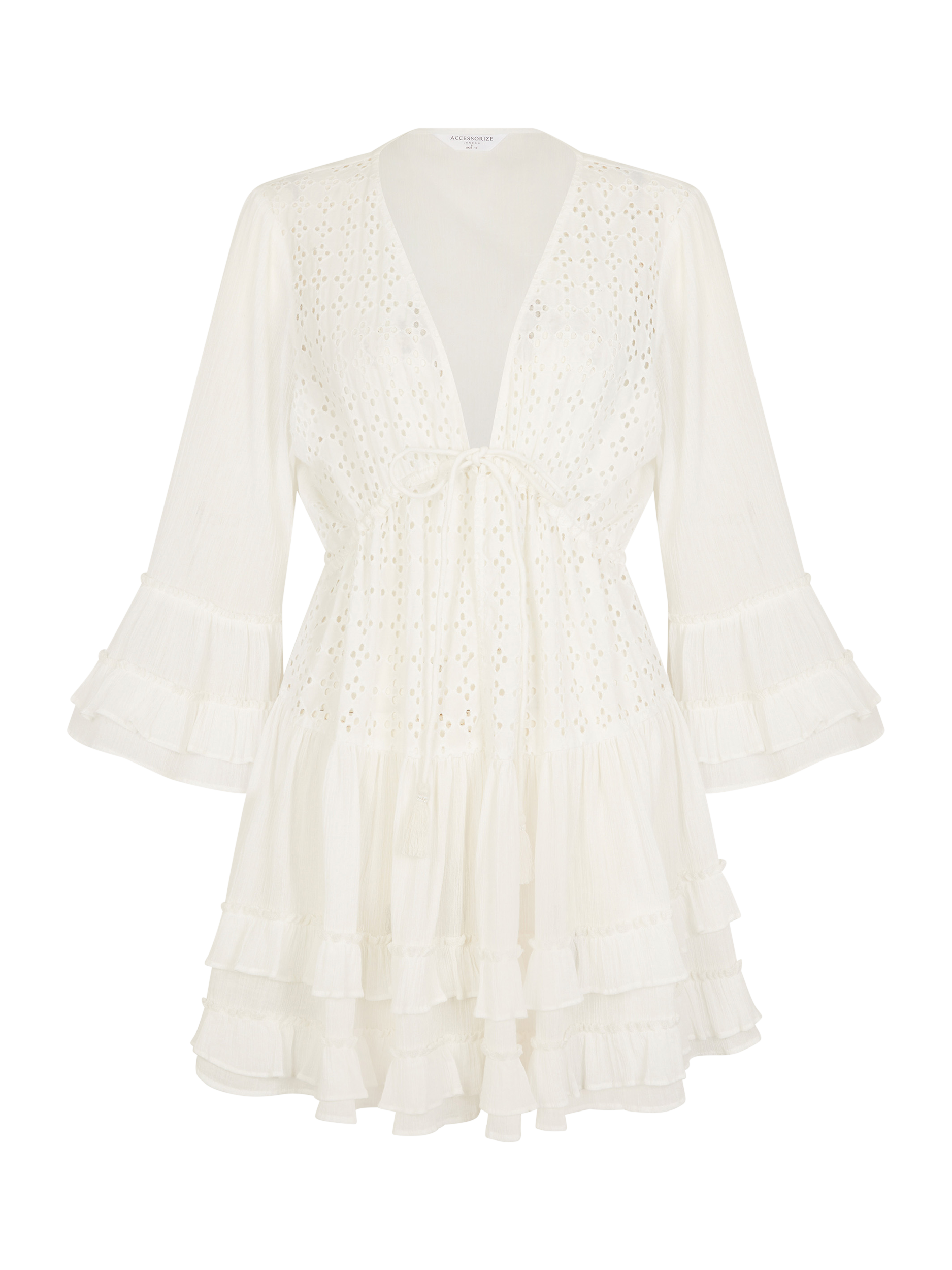 Product image 3 of 4, which shows Accessorize Broderie Ruffle Mini Kaftan Dress, White, XS