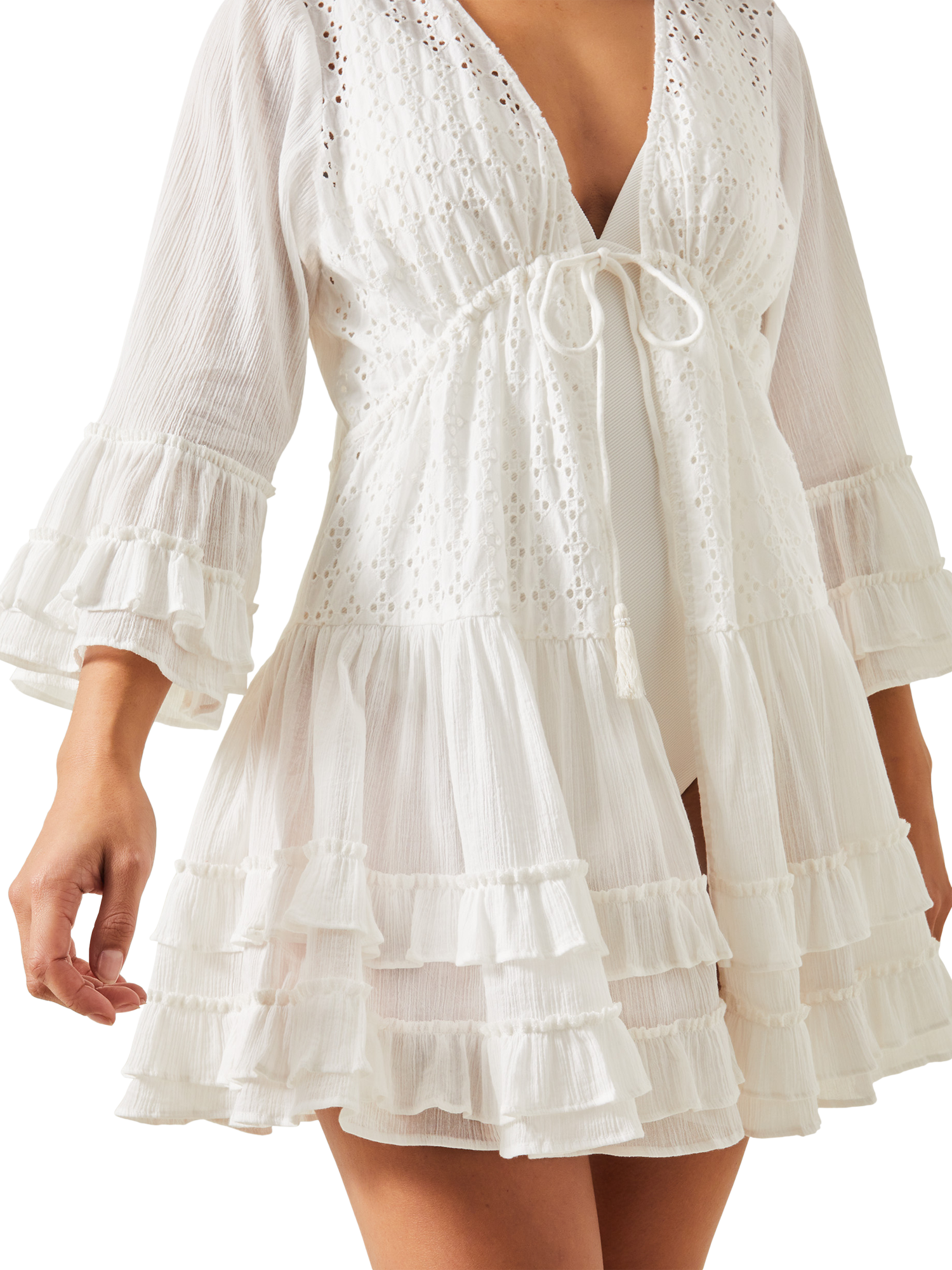 Product image 4 of 4, which shows Accessorize Broderie Ruffle Mini Kaftan Dress, White, XS