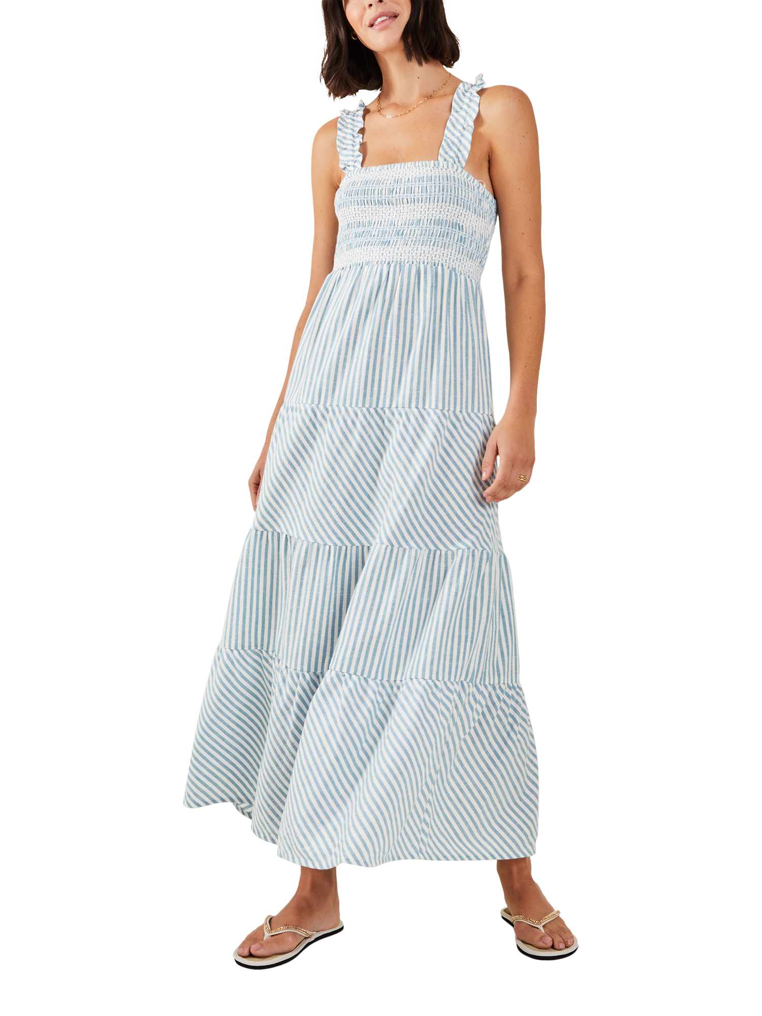 Product image 1 of 4, which shows Accessorize Stripe Shirred Bodice Maxi Dress, Blue/White, M