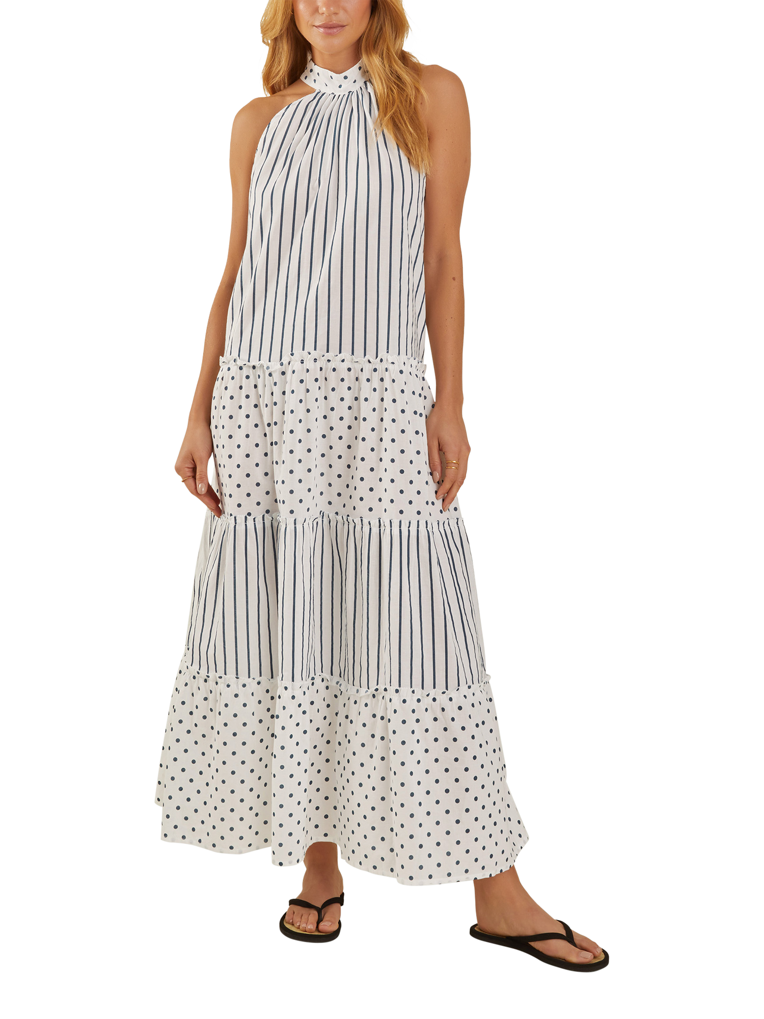 Accessorize Spot Stripe Tiered Maxi Dress, White/Navy