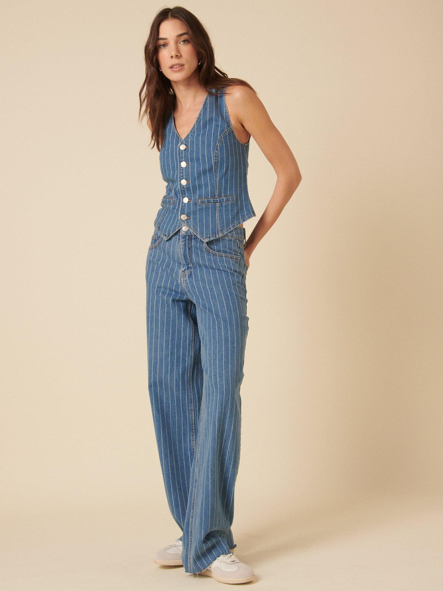 Product image 2 of 4, which shows Nobody's Child Stockwell Pinstripe Organic Cotton Rich Denim Waistcoat, Blue/White, 6