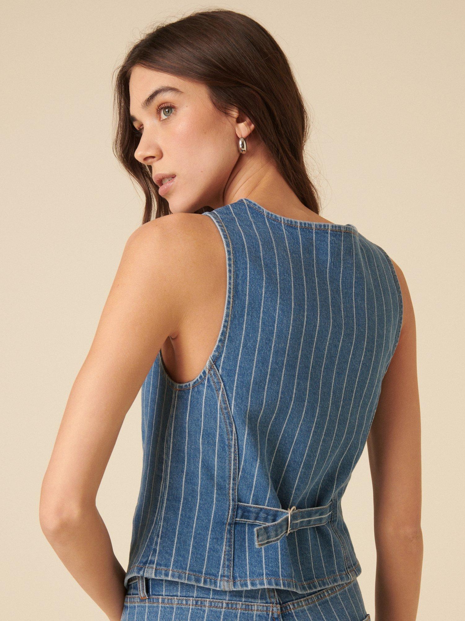 Product image 4 of 4, which shows Nobody's Child Stockwell Pinstripe Organic Cotton Rich Denim Waistcoat, Blue/White, 6