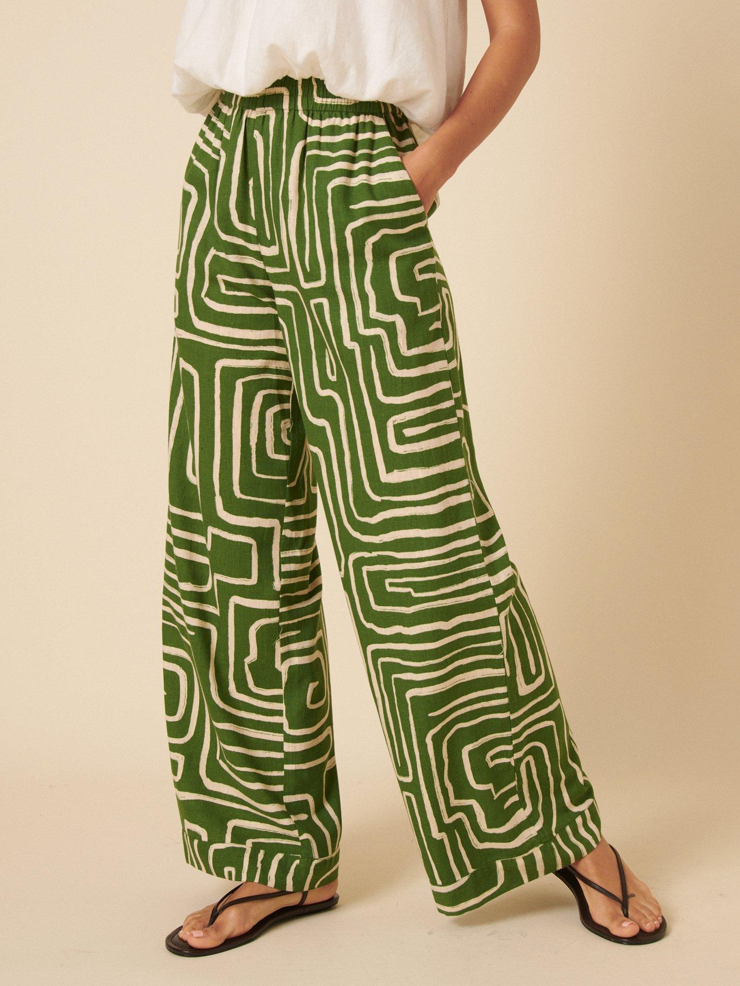 Product image 1 of 4, which shows Nobody's Child Mischa Geometric Wide Leg Trousers, Green/Natural, 6