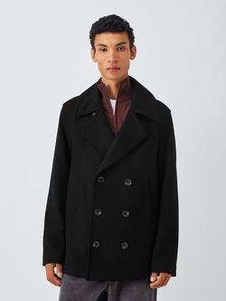 John Lewis Double Breasted Wool Blend Peacoat, Black, Black