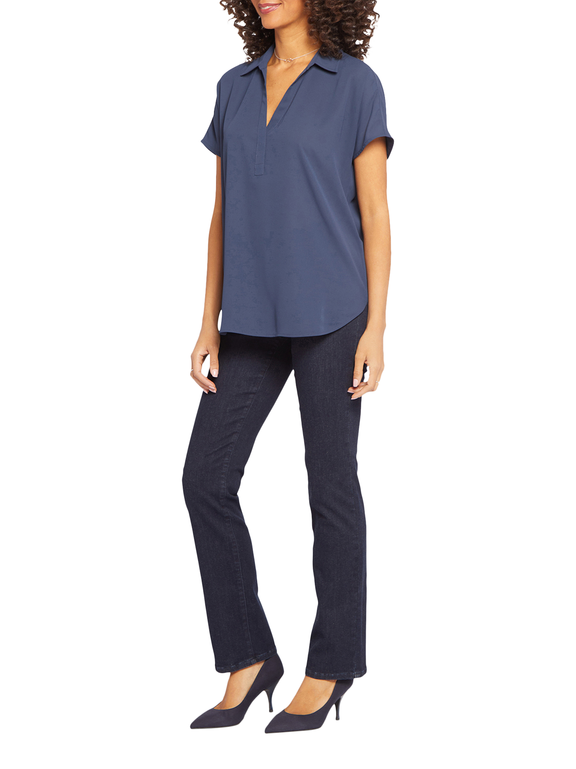 Product image 3 of 6, which shows NYDJ Becky Short Sleeve Popover Blouse, Oxford Navy, XS