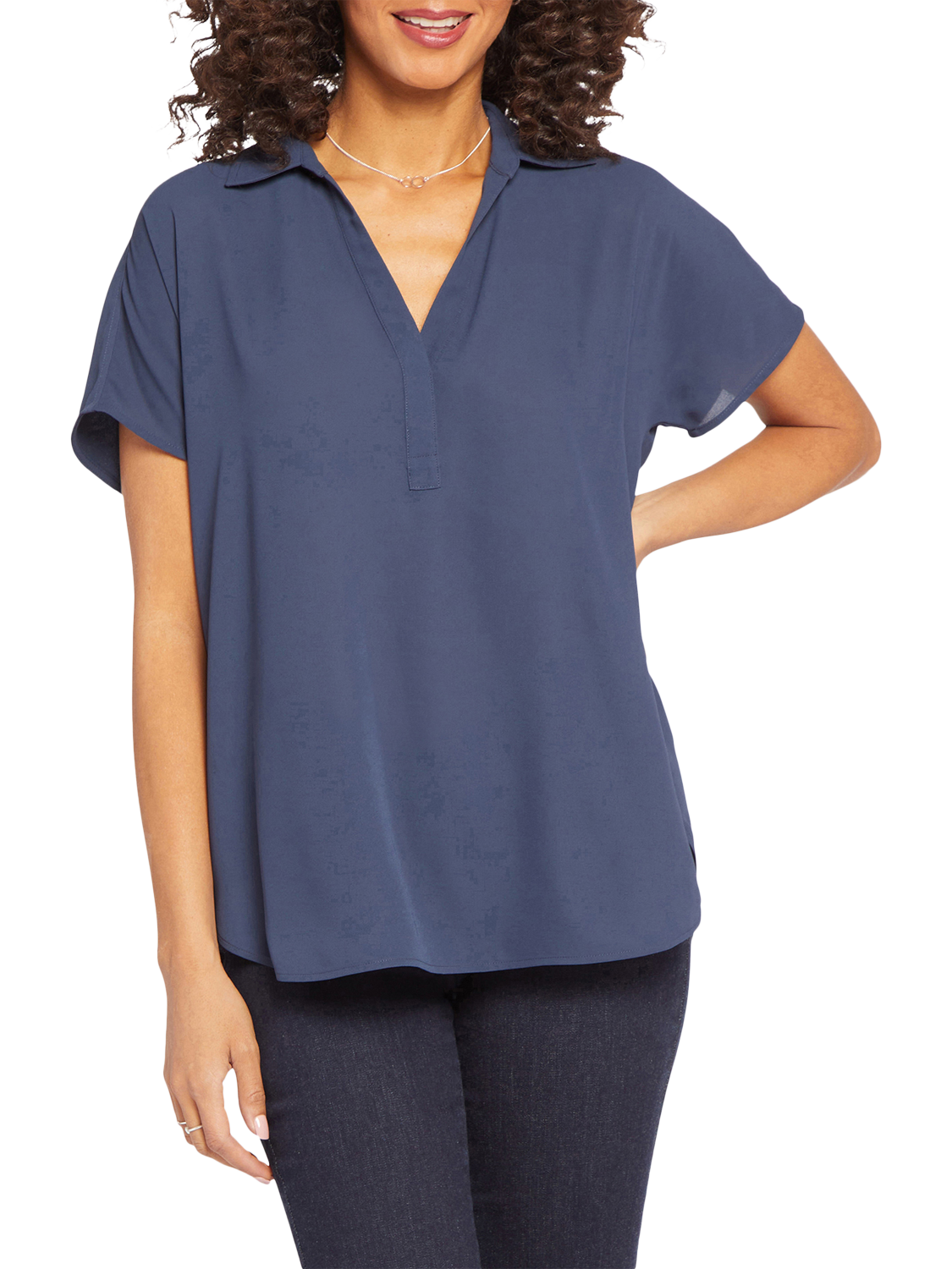 Product image 4 of 6, which shows NYDJ Becky Short Sleeve Popover Blouse, Oxford Navy, XS