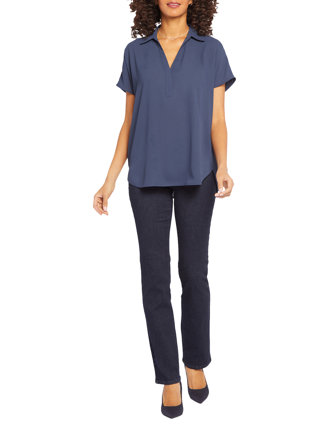 Product image 5 of 6, which shows NYDJ Becky Short Sleeve Popover Blouse, Oxford Navy, XS