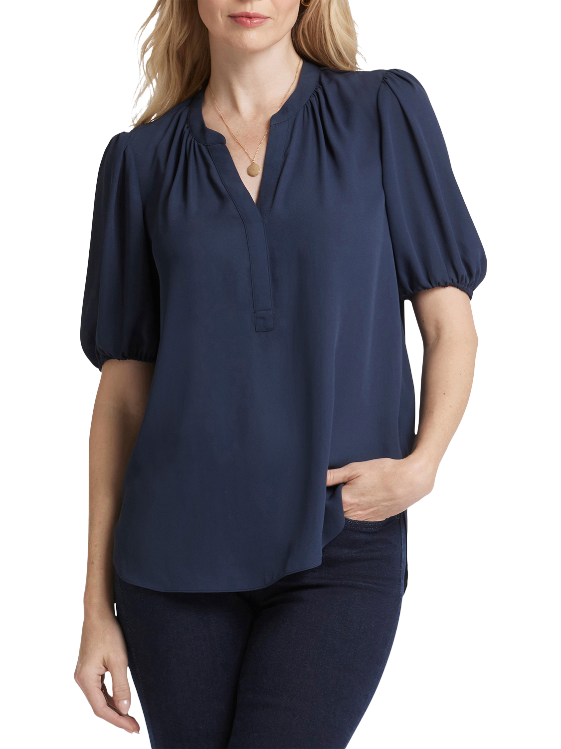 Product image 1 of 6, which shows NYDJ Short Puff Sleeve Popover Blouse, Oxford Navy, XS