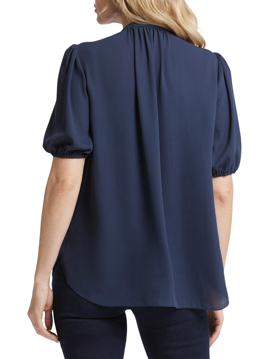 Product image 2 of 6, which shows NYDJ Short Puff Sleeve Popover Blouse, Oxford Navy, XS