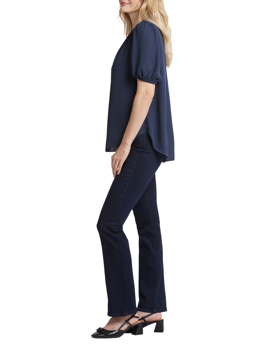 Product image 3 of 6, which shows NYDJ Short Puff Sleeve Popover Blouse, Oxford Navy, XS