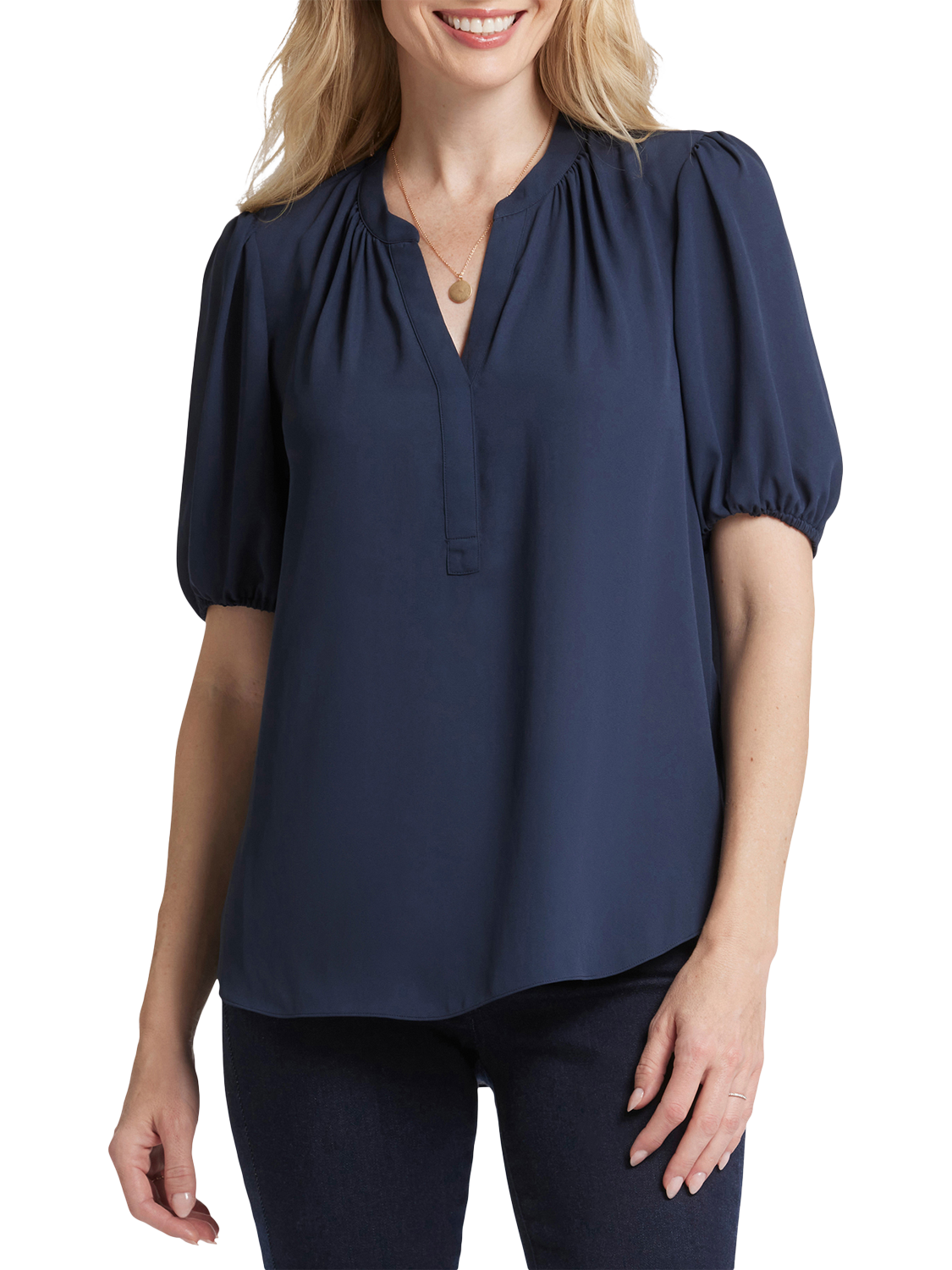Product image 4 of 6, which shows NYDJ Short Puff Sleeve Popover Blouse, Oxford Navy, XS
