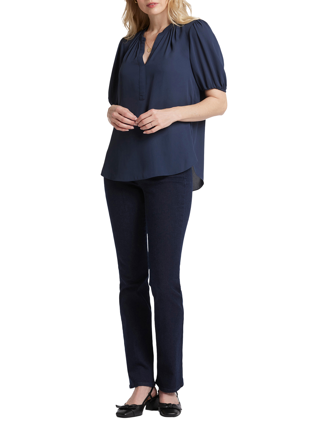 Product image 5 of 6, which shows NYDJ Short Puff Sleeve Popover Blouse, Oxford Navy, XS