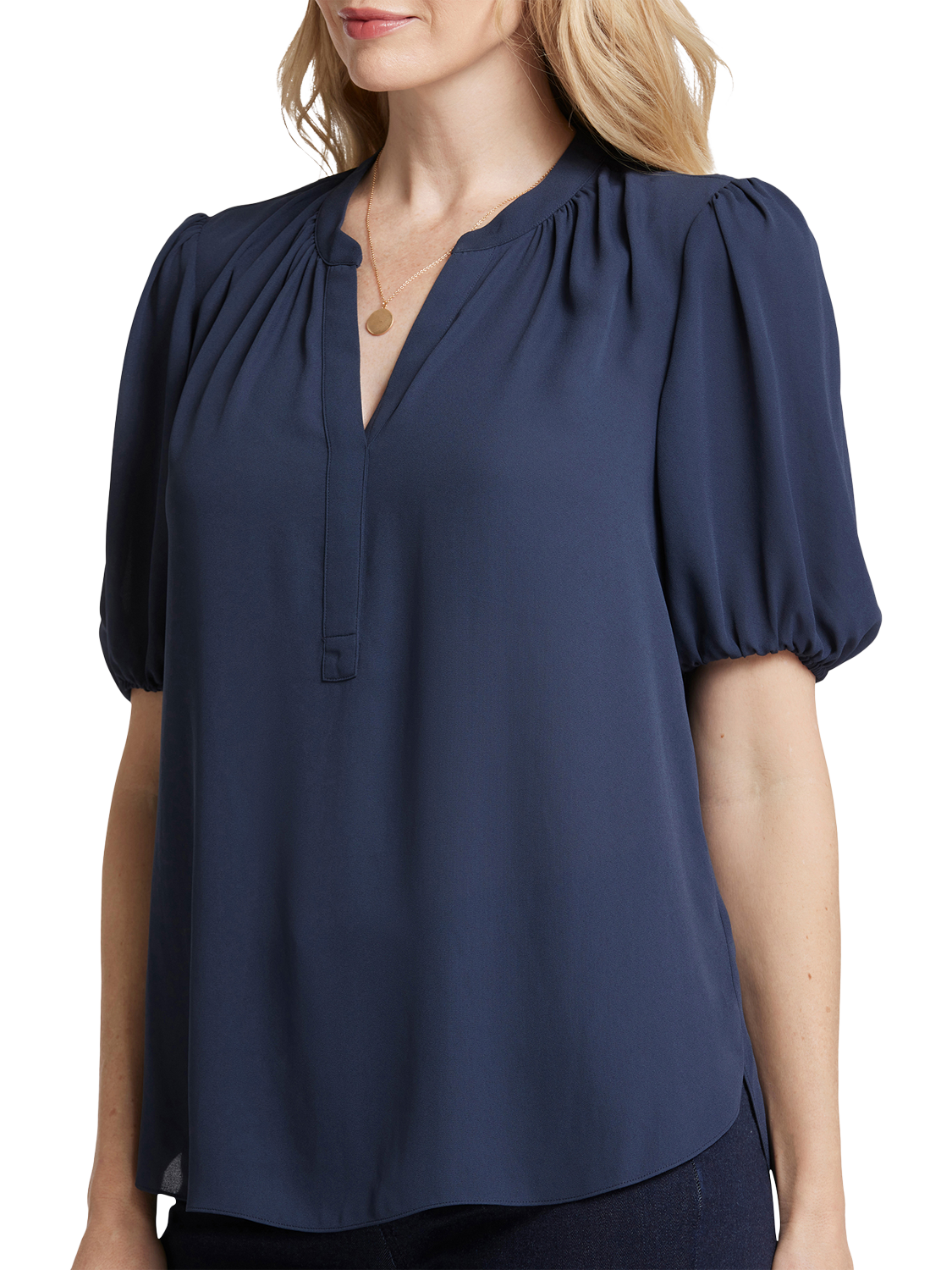 Product image 6 of 6, which shows NYDJ Short Puff Sleeve Popover Blouse, Oxford Navy, XS