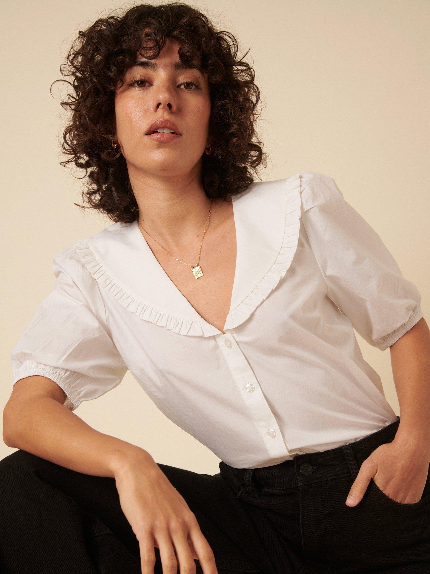 Product image 1 of 5, which shows Nobody's Child Emmie Oversized Collar Pure Organic Cotton Top, White, 6