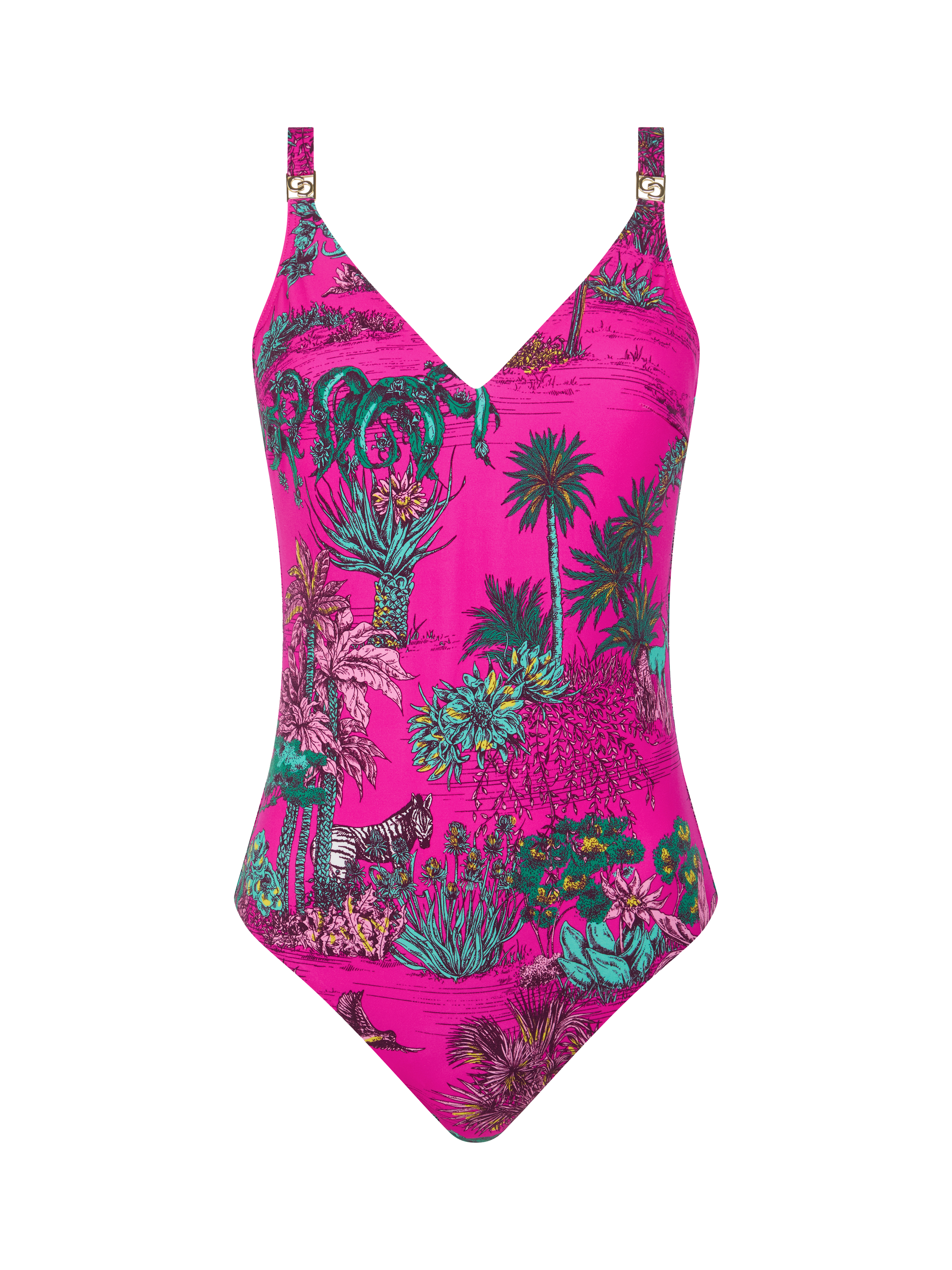 Product image 3 of 3, which shows Chantelle Sauvage Non Wired Plunge Swimsuit, Pink Jungle, M