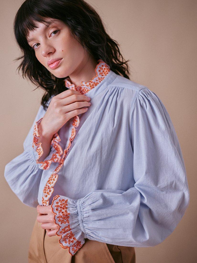 Product image 3 of 5, which shows Cape Cove Jewel Trim Blouse, Skyway Blue, M