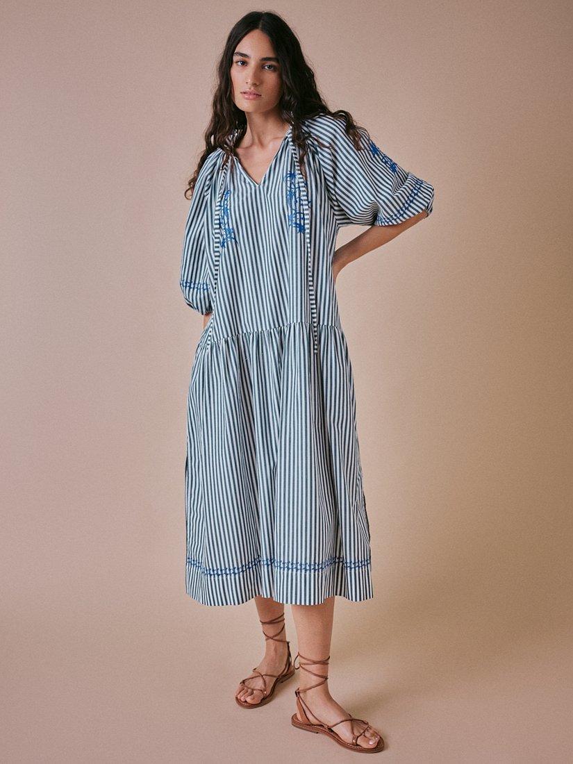 Product image 1 of 7, which shows Cape Cove Stella Short Sleeve Striped Cotton Maxi Dress, White/Green/Blue, XS