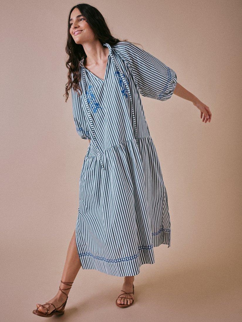Product image 3 of 7, which shows Cape Cove Stella Short Sleeve Striped Cotton Maxi Dress, White/Green/Blue, XS