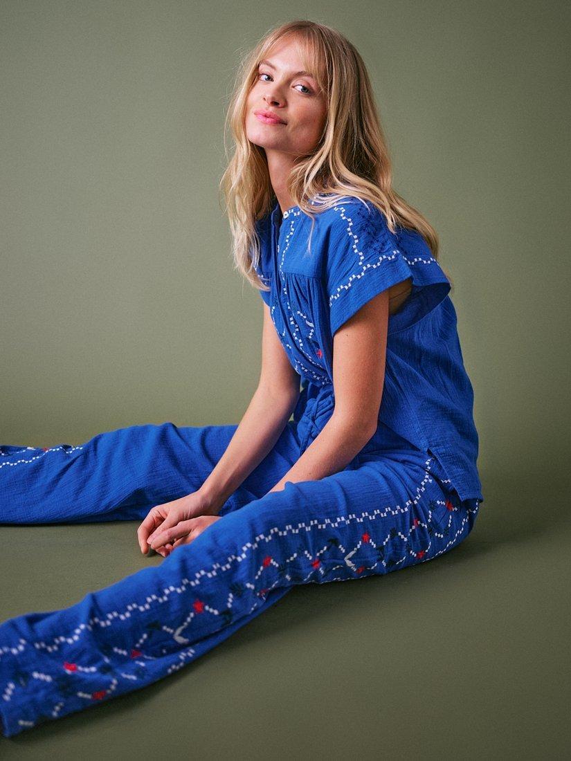 Product image 1 of 7, which shows Cape Cove Embroidered Cheesecloth Trousers, Electric Blue, S