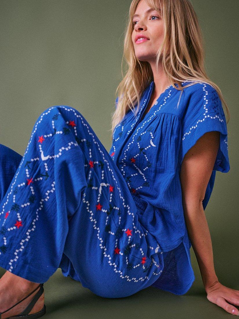 Product image 2 of 7, which shows Cape Cove Embroidered Cheesecloth Trousers, Electric Blue, S