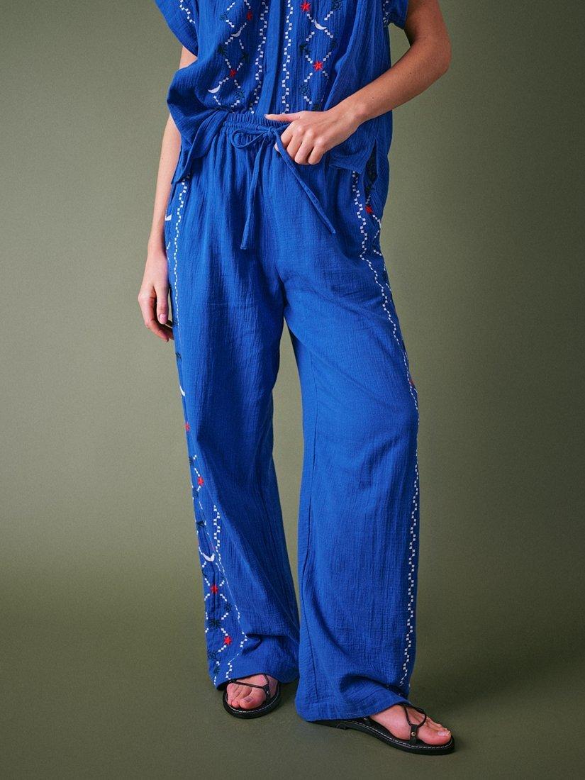 Product image 3 of 7, which shows Cape Cove Embroidered Cheesecloth Trousers, Electric Blue, S