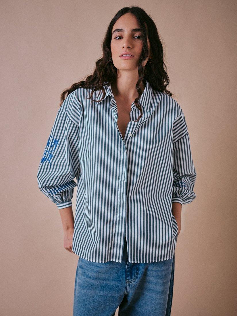 Product image 1 of 5, which shows Cape Cove Stella Striped Cotton Boyfriend Blouse, White/Green/Blue, XS