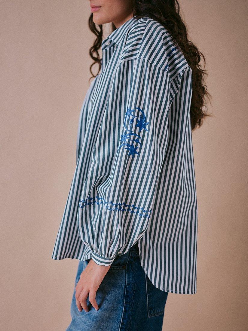 Product image 4 of 5, which shows Cape Cove Stella Striped Cotton Boyfriend Blouse, White/Green/Blue, XS