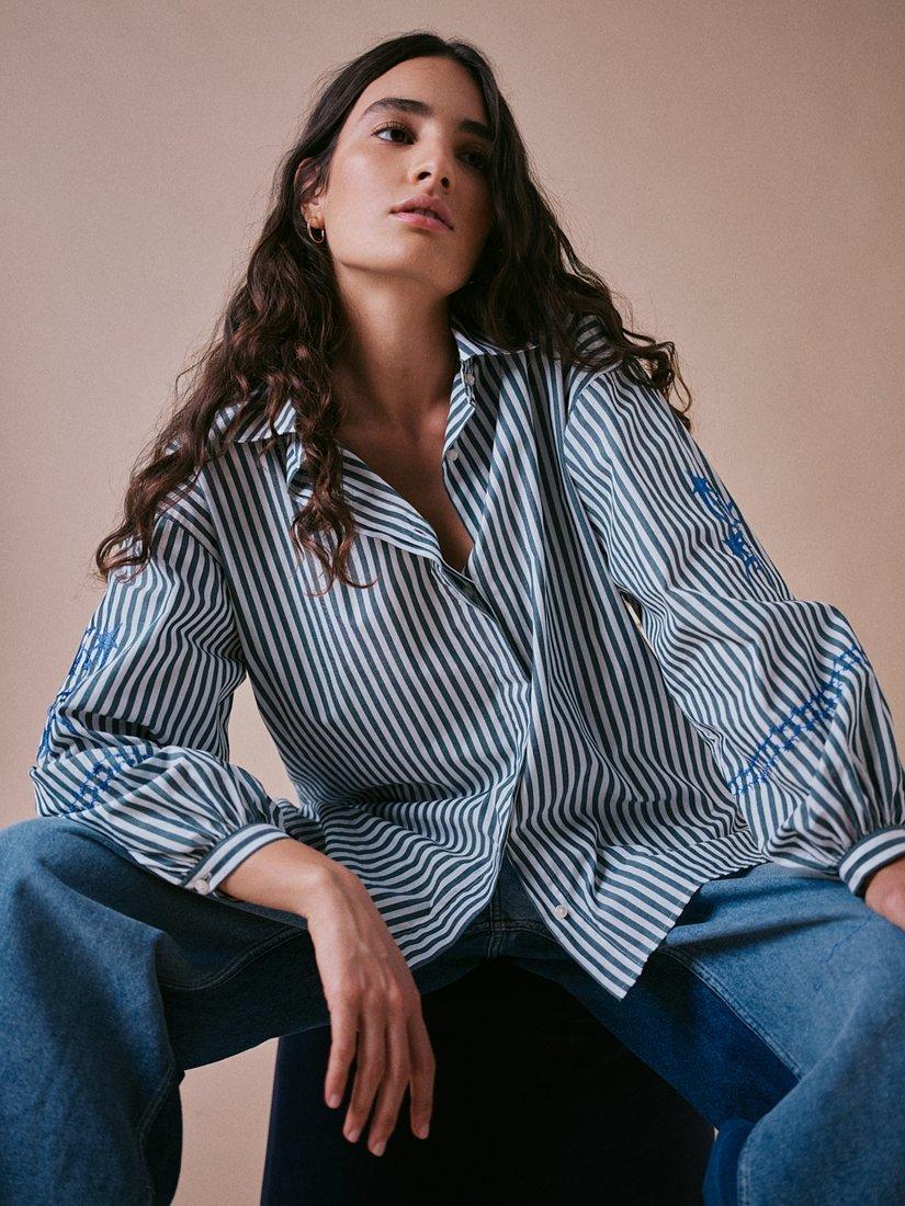 Product image 2 of 5, which shows Cape Cove Stella Striped Cotton Boyfriend Blouse, White/Green/Blue, XS