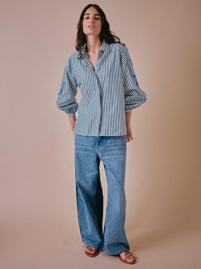Product image 3 of 5, which shows Cape Cove Stella Striped Cotton Boyfriend Blouse, White/Green/Blue, XS
