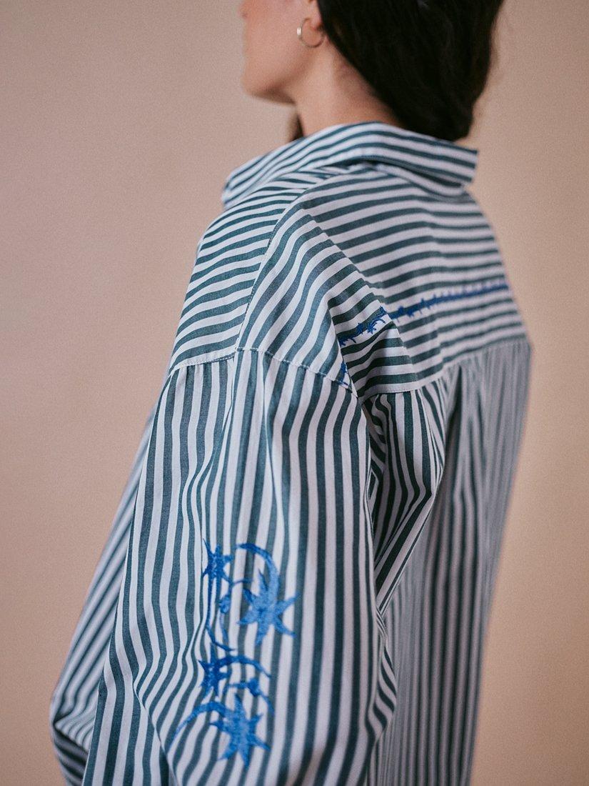 Product image 5 of 5, which shows Cape Cove Stella Striped Cotton Boyfriend Blouse, White/Green/Blue, XS