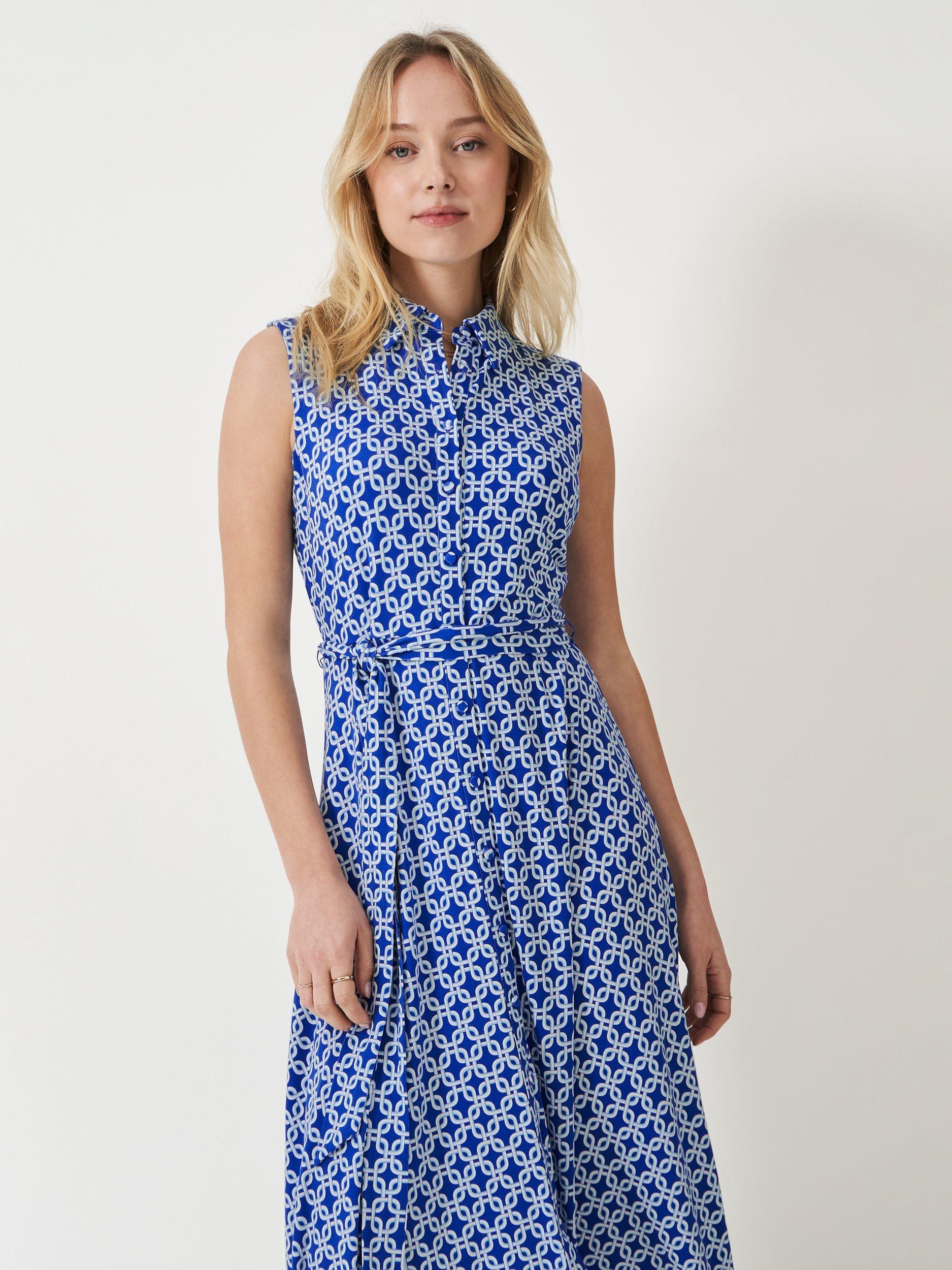 Product image 2 of 5, which shows Crew Clothing Emma Sleeveless Geometric Midi Shirt Dress, Blue/Multi, 8