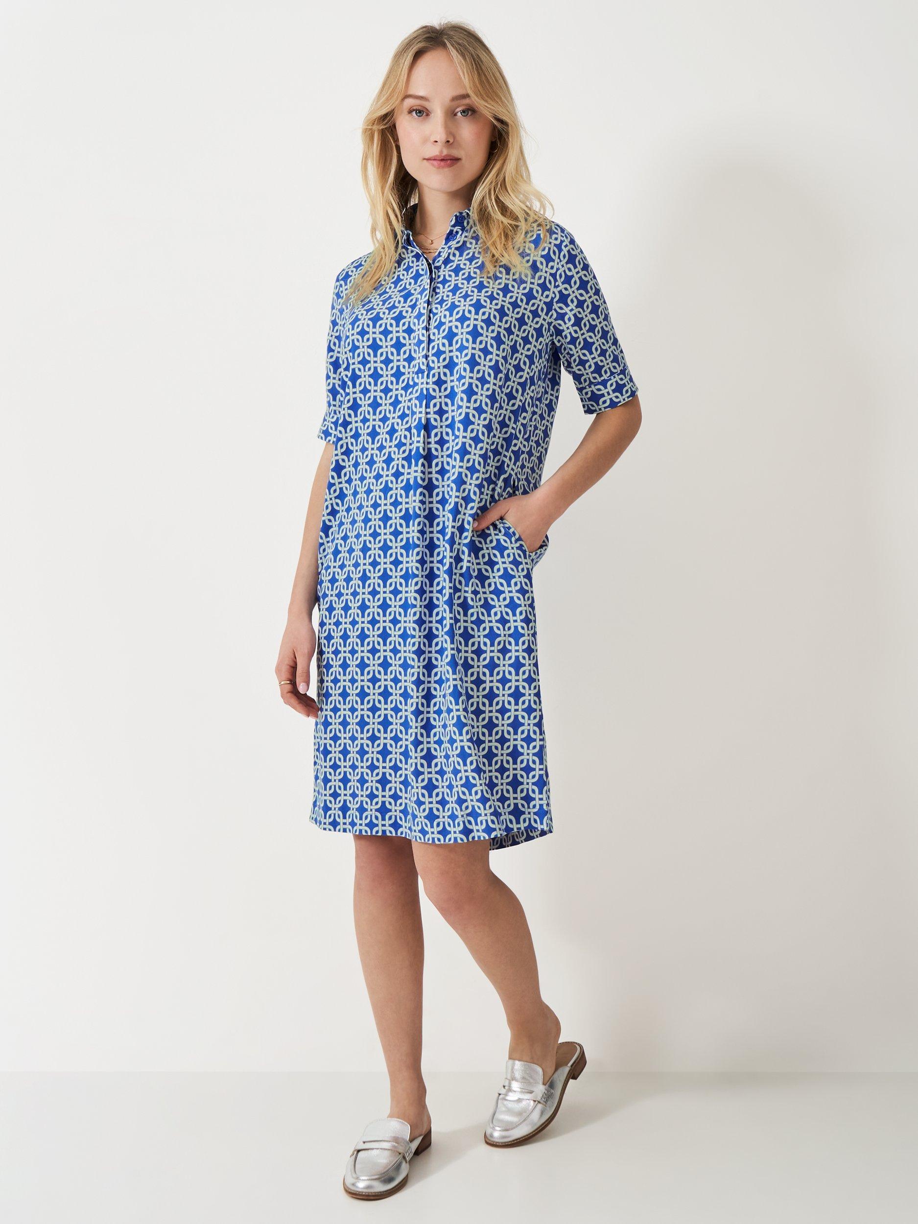 Product image 1 of 5, which shows Crew Clothing Leah Short Sleeved Geometric Shift Dress, Blue/Multi, 10