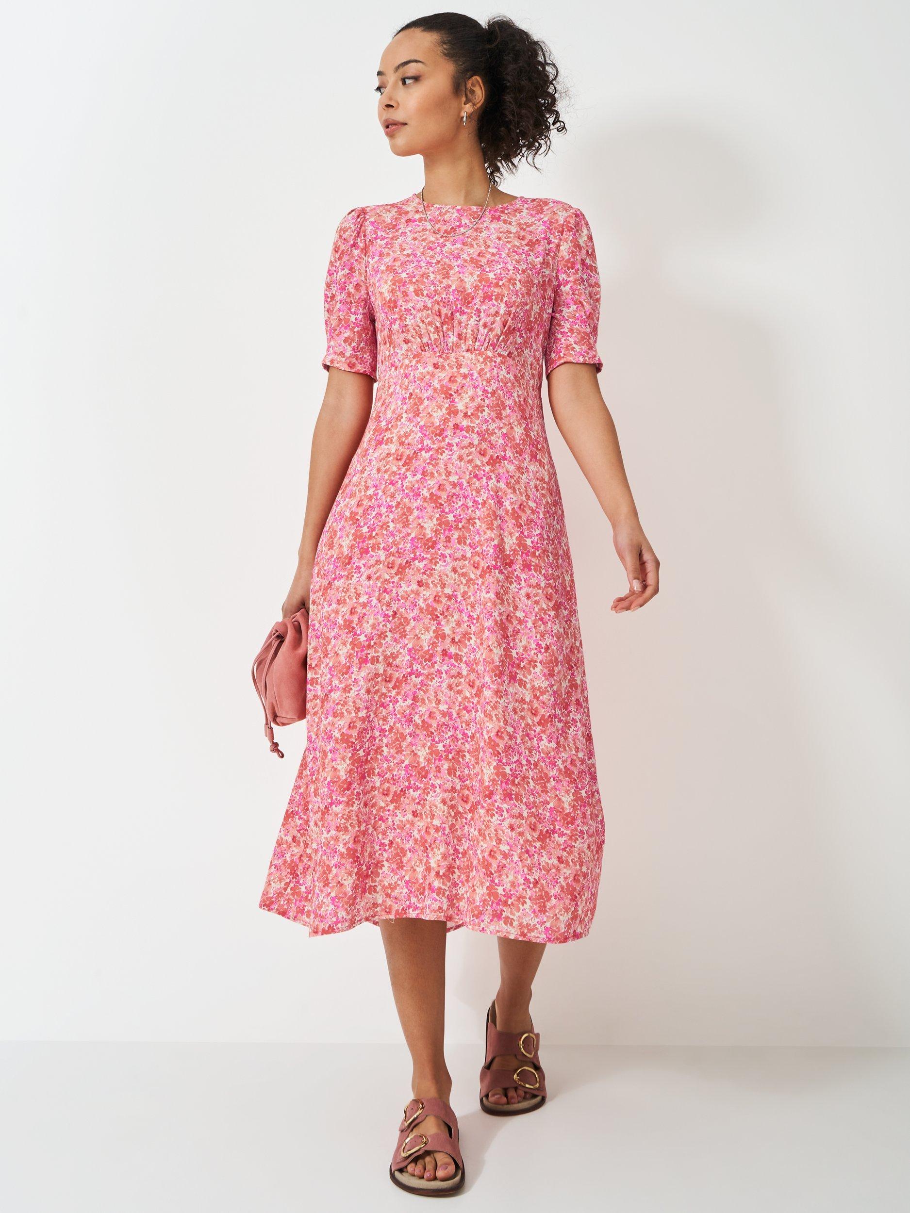 Product image 2 of 5, which shows Crew Clothing Ella Floral Tea Dress, Pink, 8