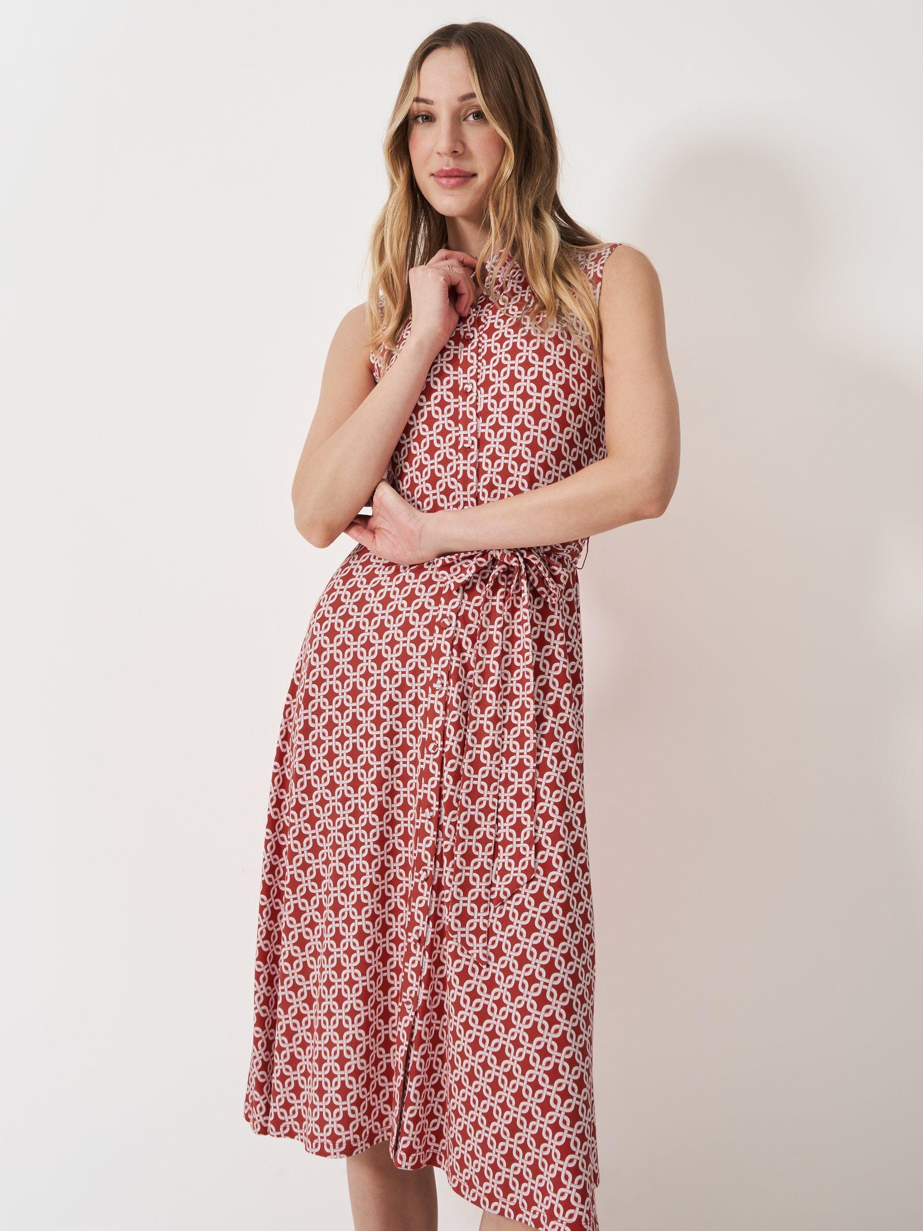 Product image 1 of 5, which shows Crew Clothing Emma Sleeveless Geometric Midi Shirt Dress, Multi/Red, 8