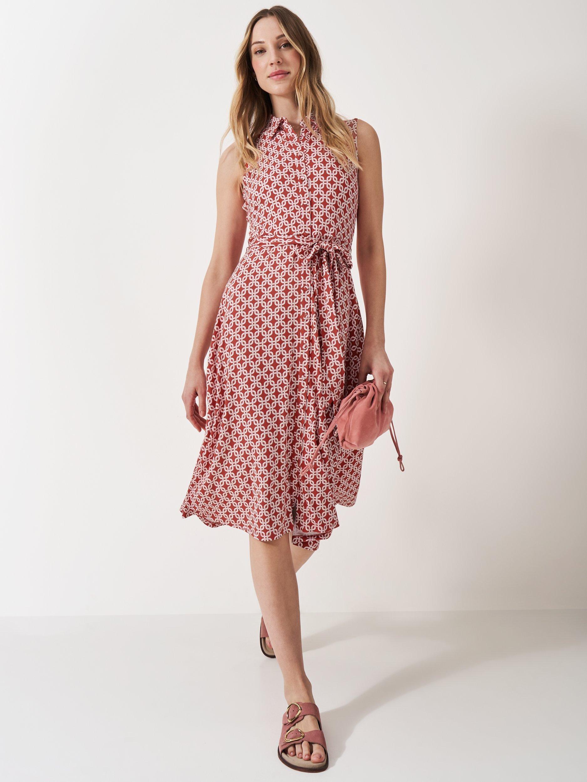 Product image 2 of 5, which shows Crew Clothing Emma Sleeveless Geometric Midi Shirt Dress, Multi/Red, 8