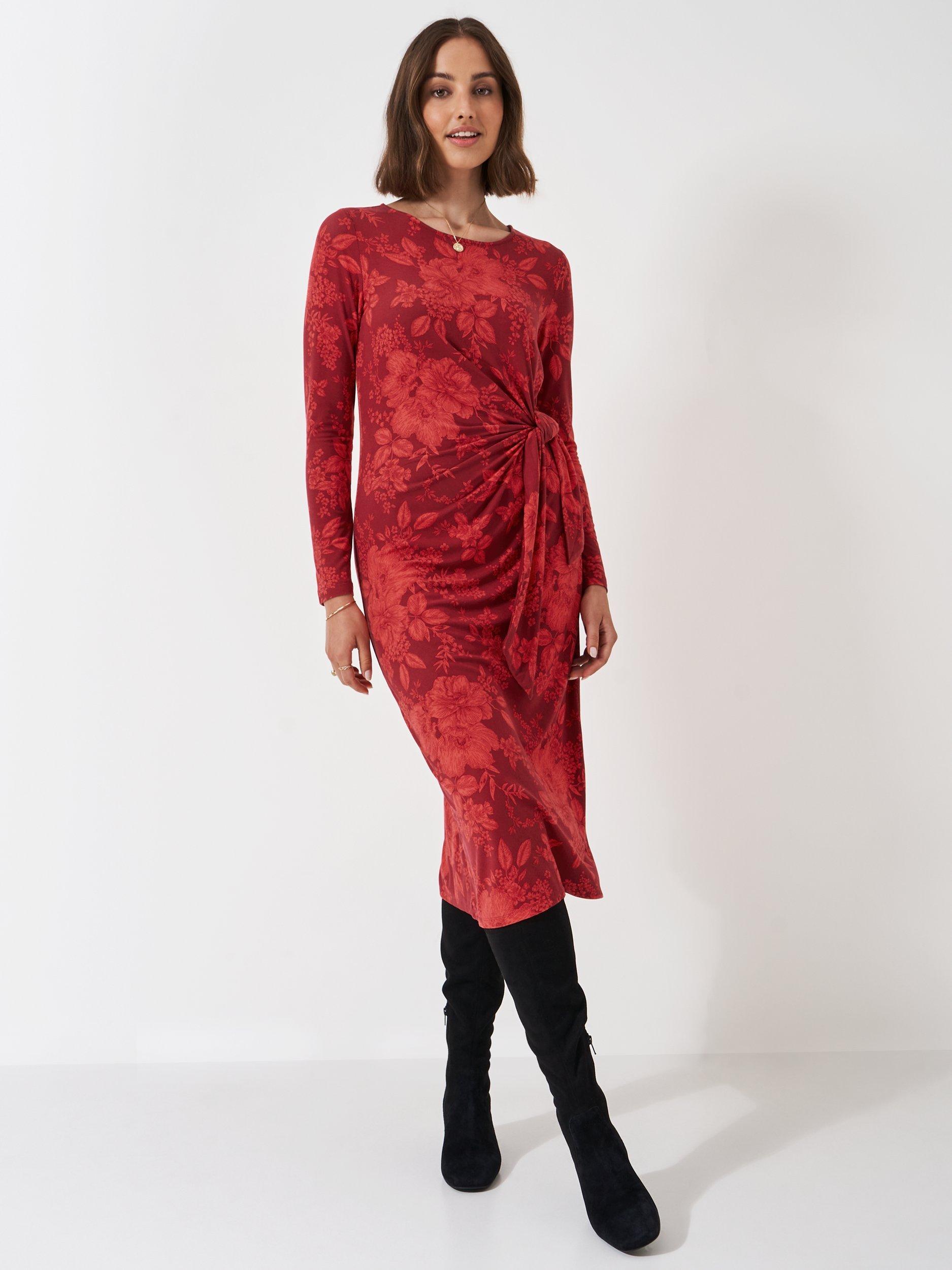 Crew Clothing Tina Floral Tie Waist Jersey Dress, Red