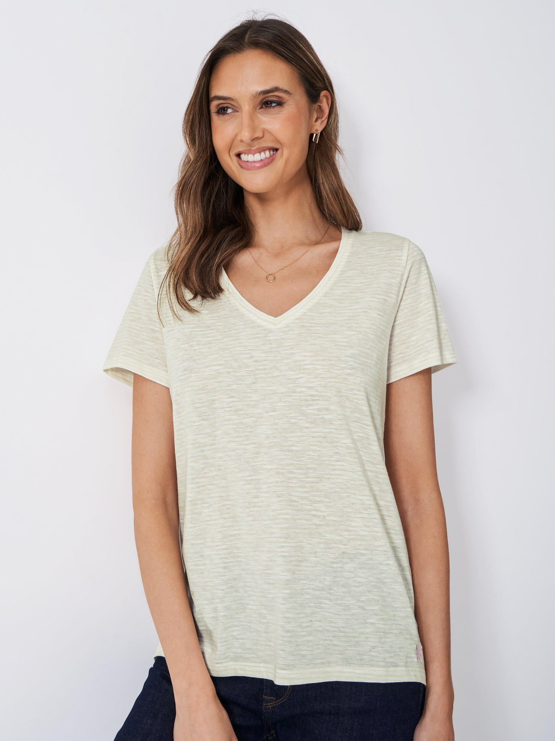 Product image 1 of 5, which shows Crew Clothing V-Neck Striped Slub Cotton T-Shirt, Oatmeal, 8