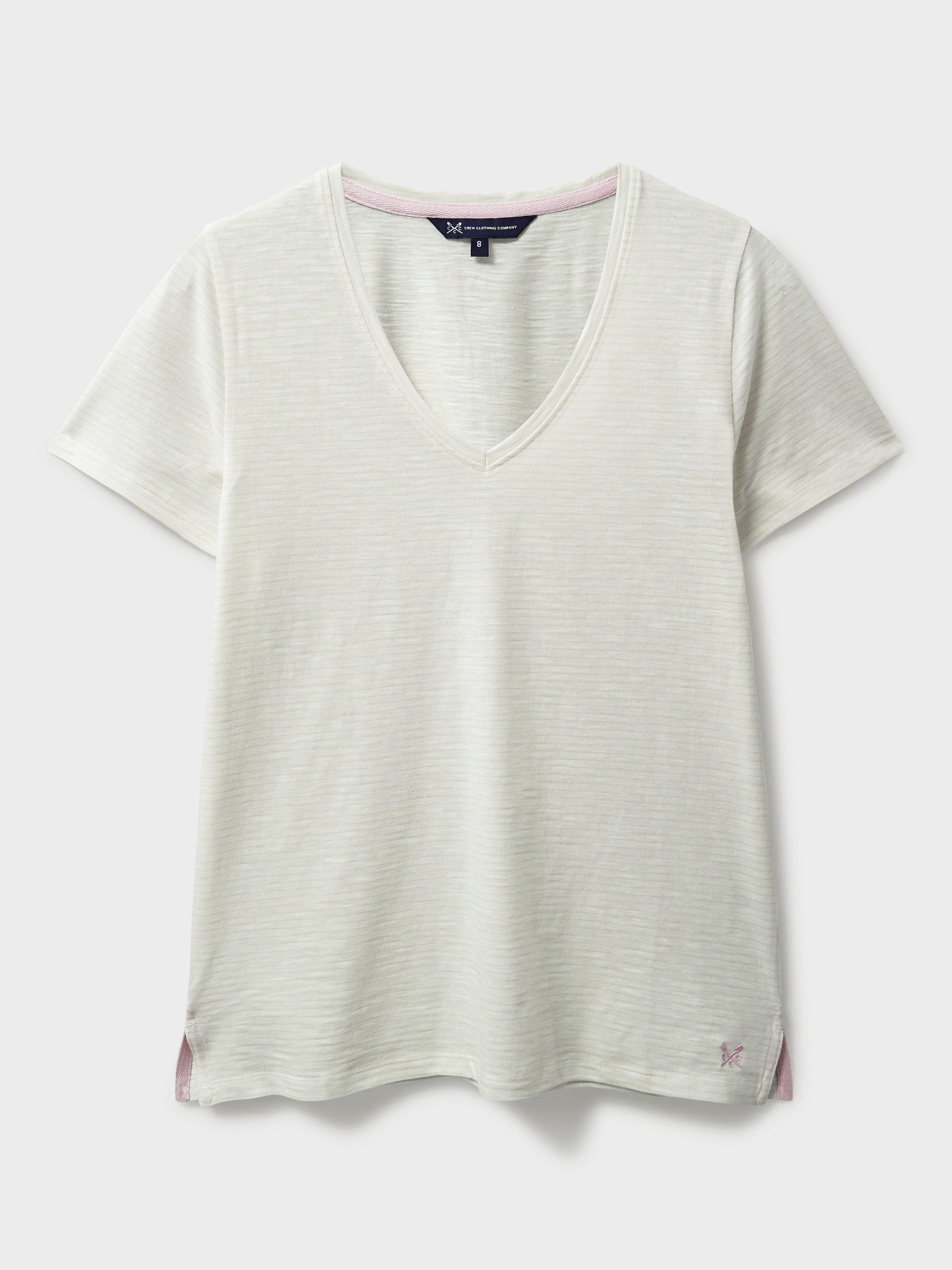 Product image 5 of 5, which shows Crew Clothing V-Neck Striped Slub Cotton T-Shirt, Oatmeal, 8