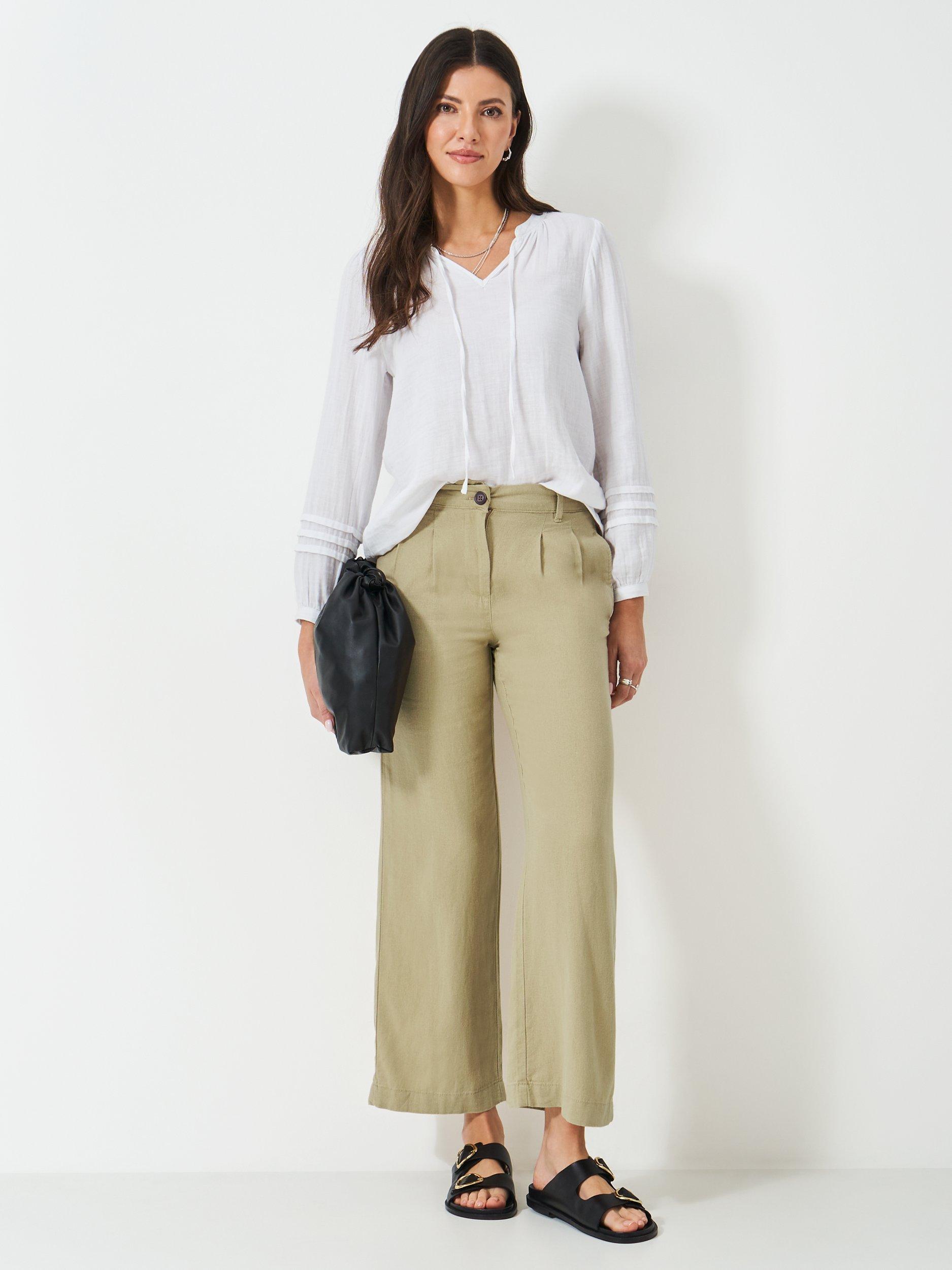 Product image 2 of 5, which shows Crew Clothing Linen Blend Wide Leg Trousers, Stone, 8