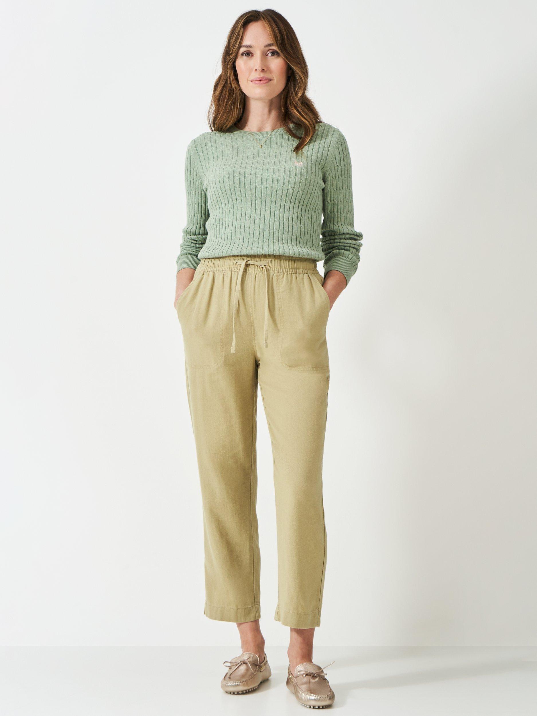 Product image 1 of 5, which shows Crew Clothing Tapered Linen Blend Trousers, Stone, 10