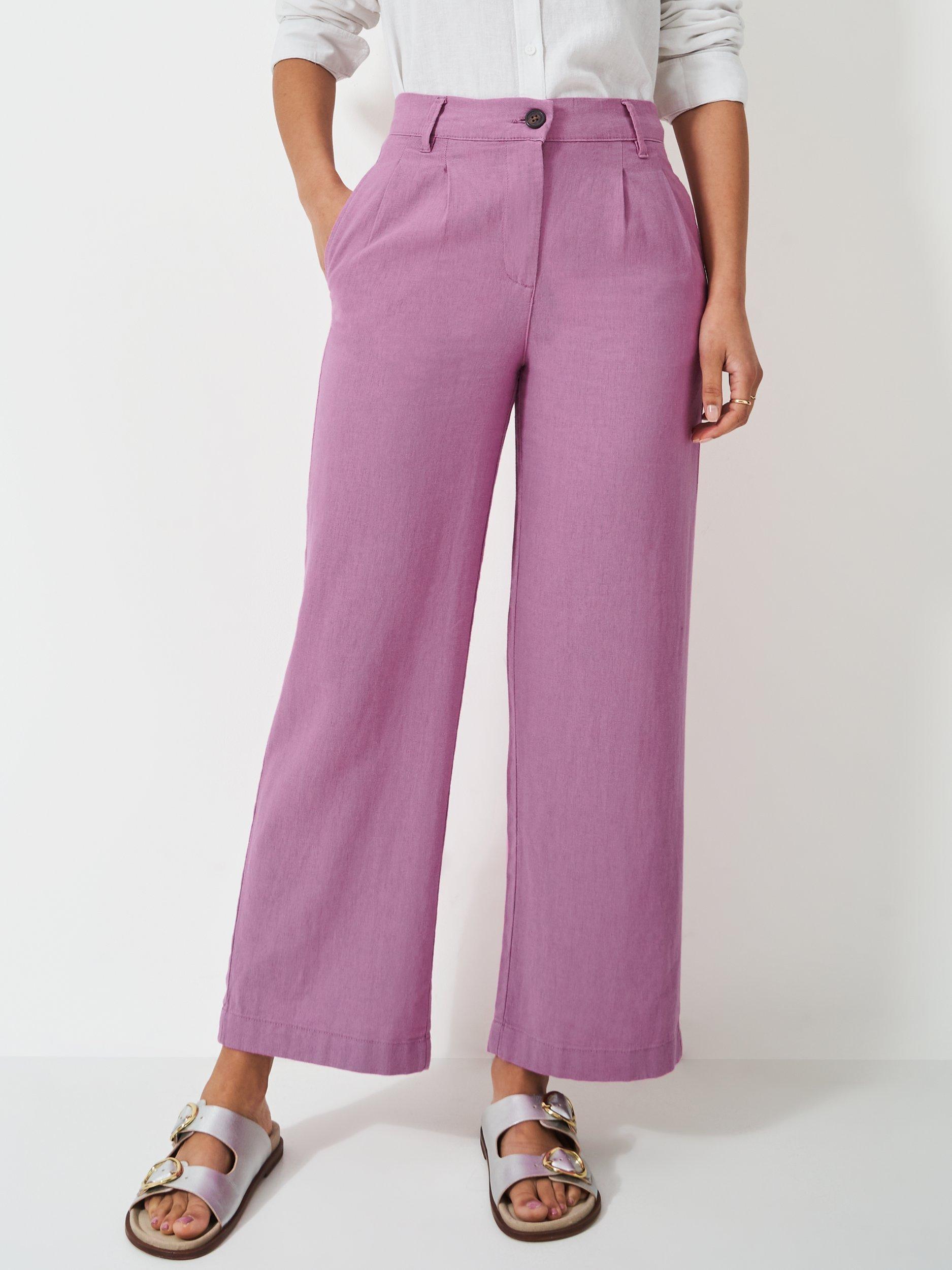 Product image 1 of 5, which shows Crew Clothing Linen Blend Wide Leg Trousers, Dark Pink, 8